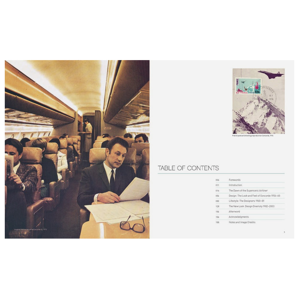 Table of contents with an airplane interior and a man reading.