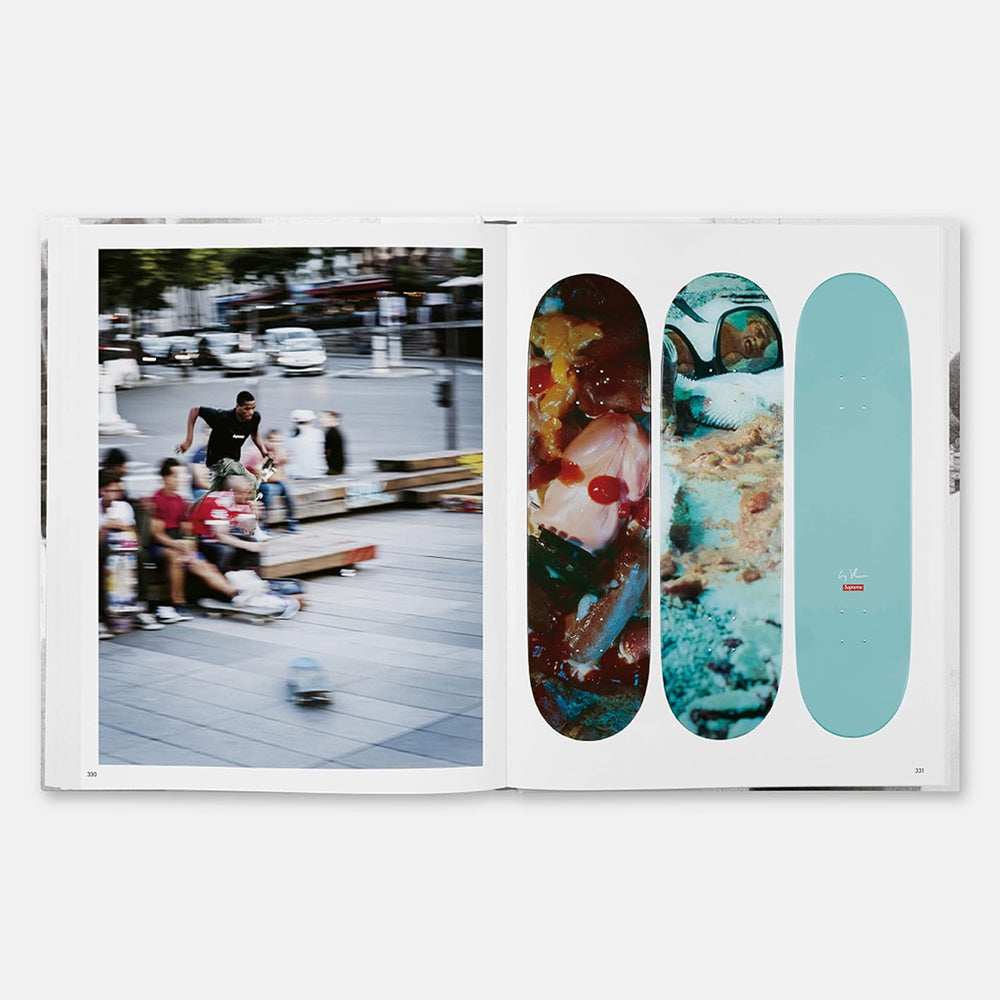 Open book showing a page with a photo of a skate park and another with triptych skateboards.
