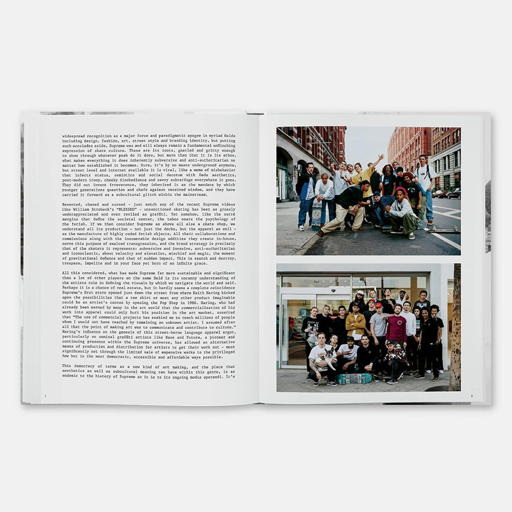 Open book with text on one page and photographs of a group on the other, set against a white background.