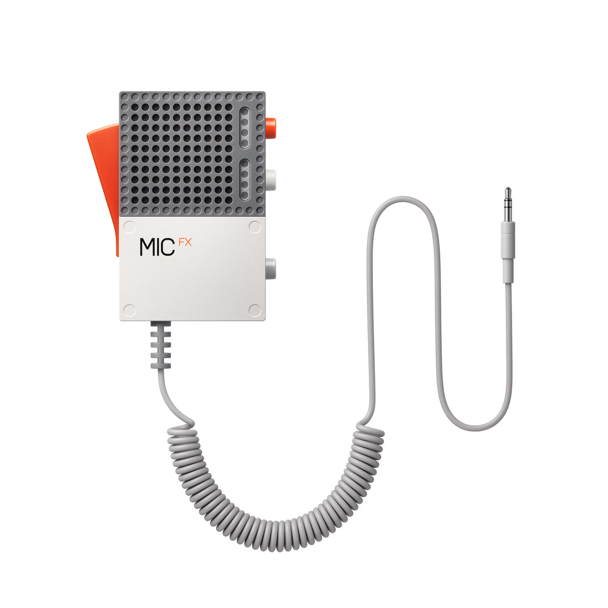 A compact handheld microphone device with a white front panel, gray perforated grille, orange side accent, coiled gray cable, and a 3.5mm jack connector, shown on a plain white background.