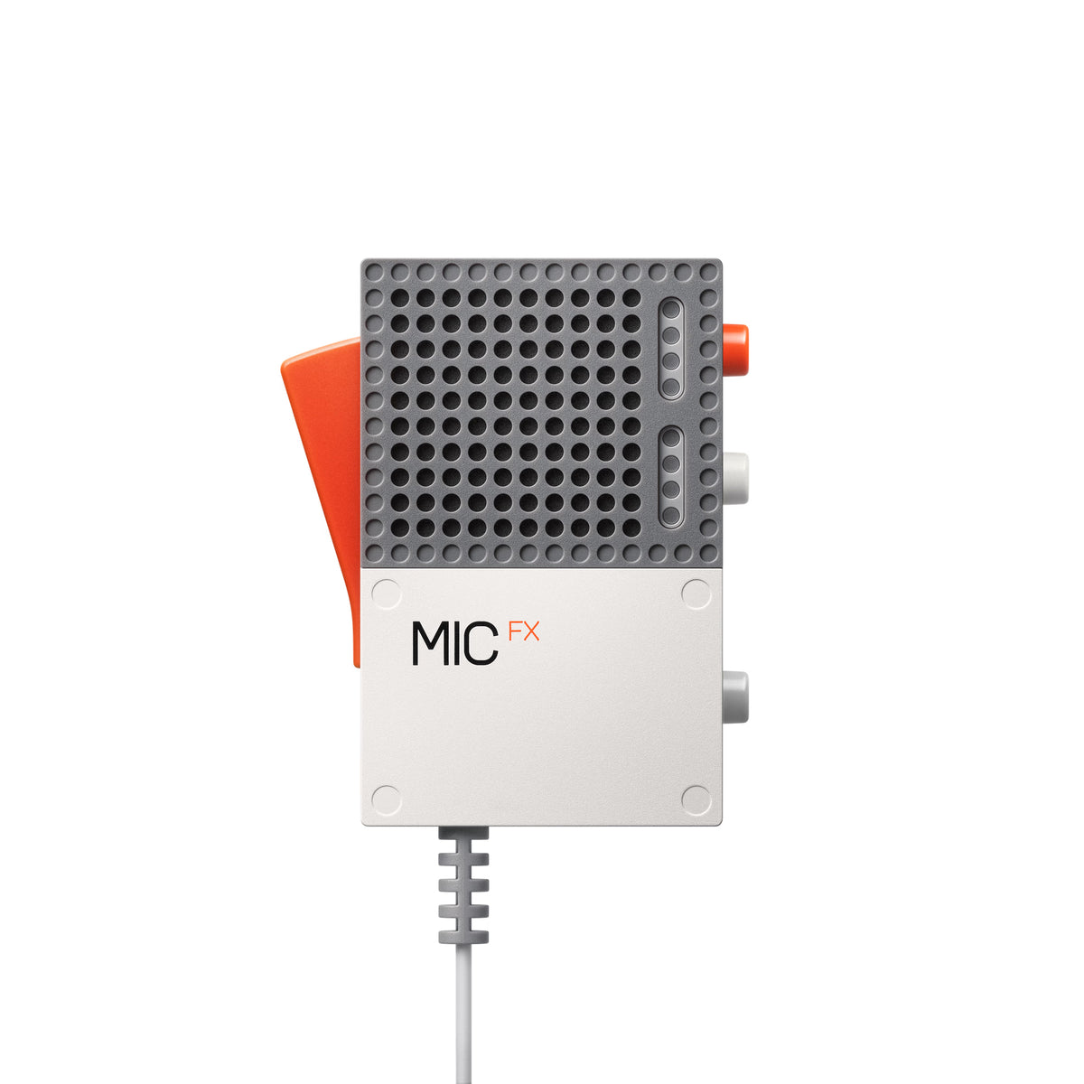 A compact studio microphone with a white lower body, gray perforated grille top, orange side accents, and a gray cable, shown on a plain white background.