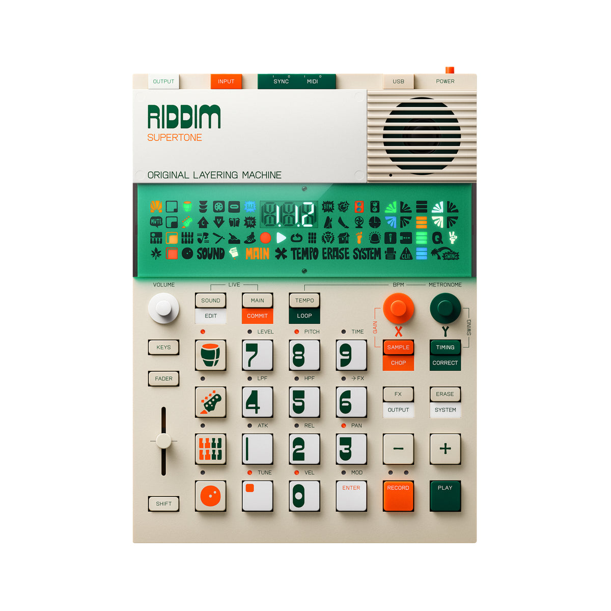 Teenage Engineering EP Synthesizer Riddim device with control panel on a white background