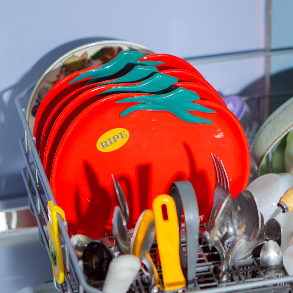 Stack of plates in dishwasher.