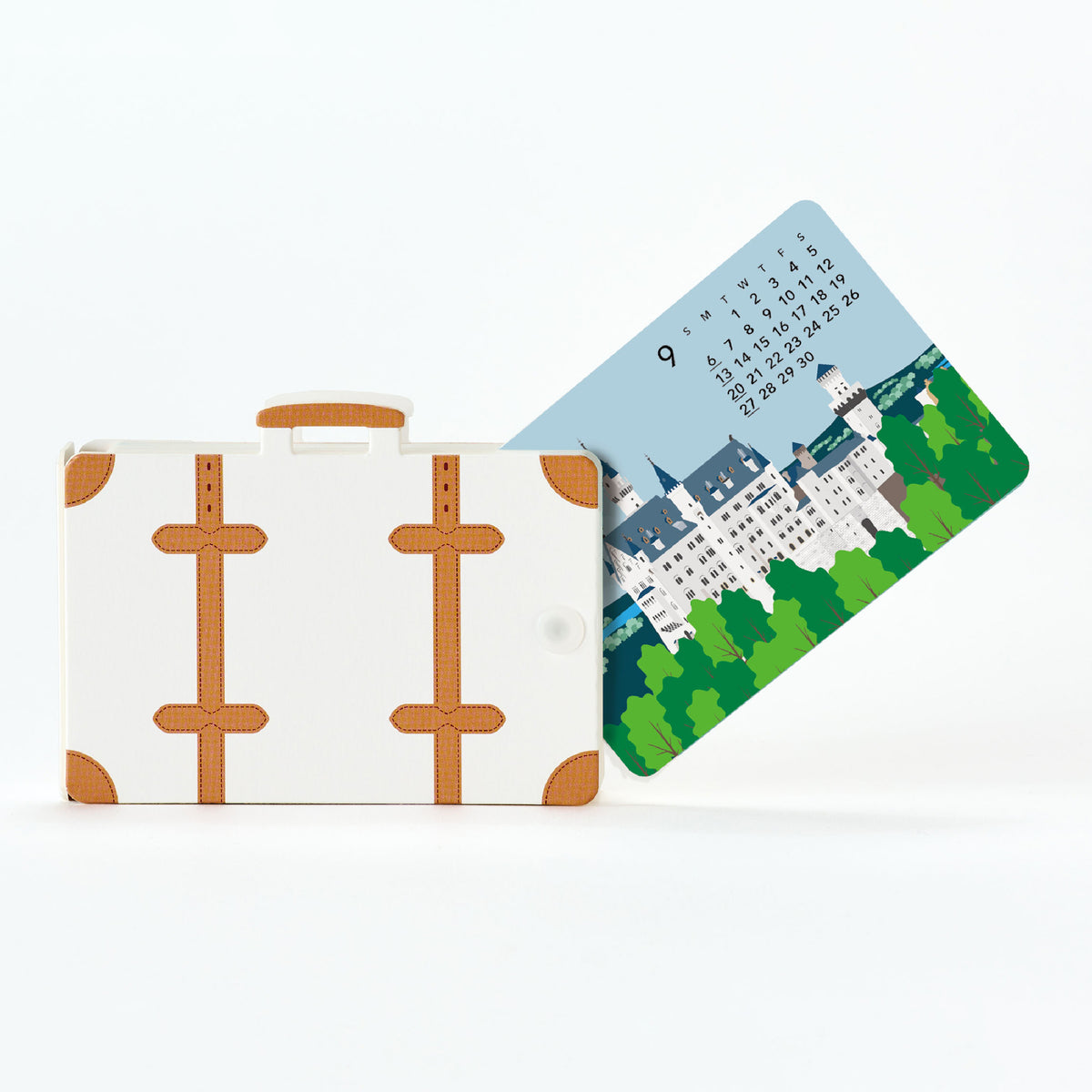 Small suitcase with a scenic illustration card for the month of September. 