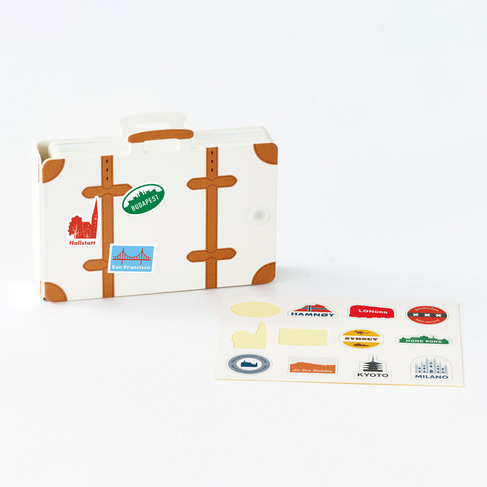Small suit case with a sticker sheet of city icons.