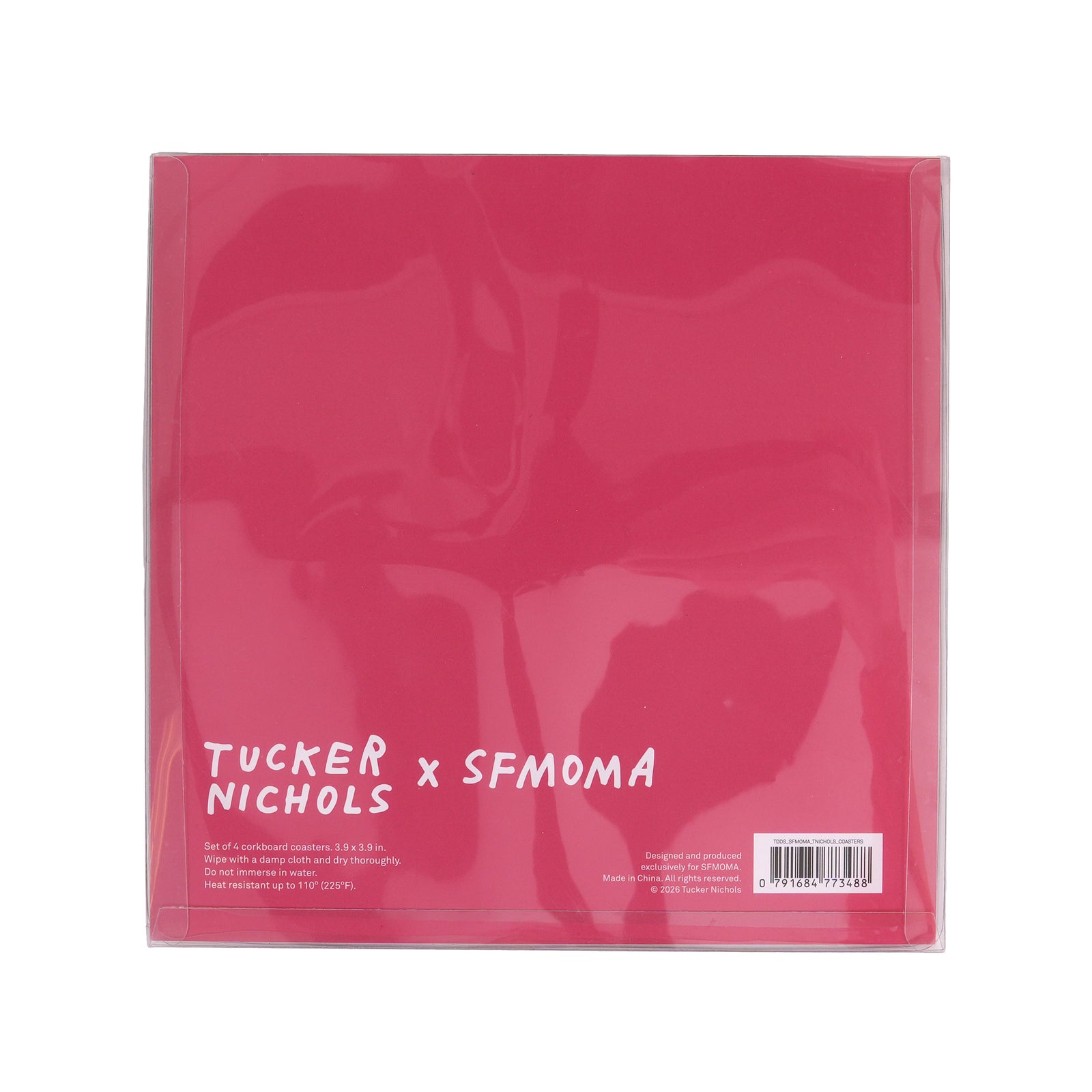 Coaster set with colorful designs and text 'Tucker Nichols x SFMOMA' in a pink border.