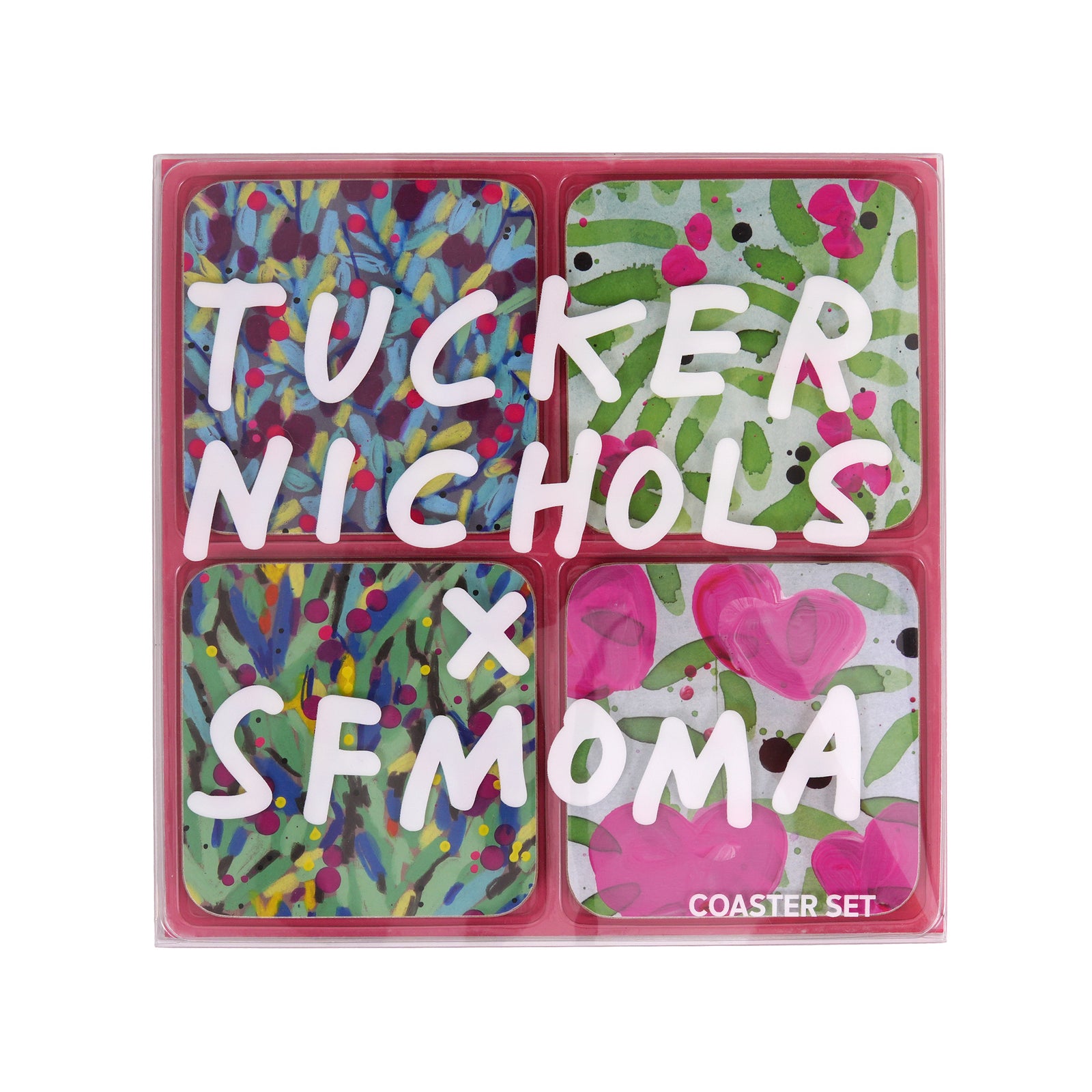 Coaster set with colorful designs and text 'Tucker Nichols x SFMOMA' in a pink border.