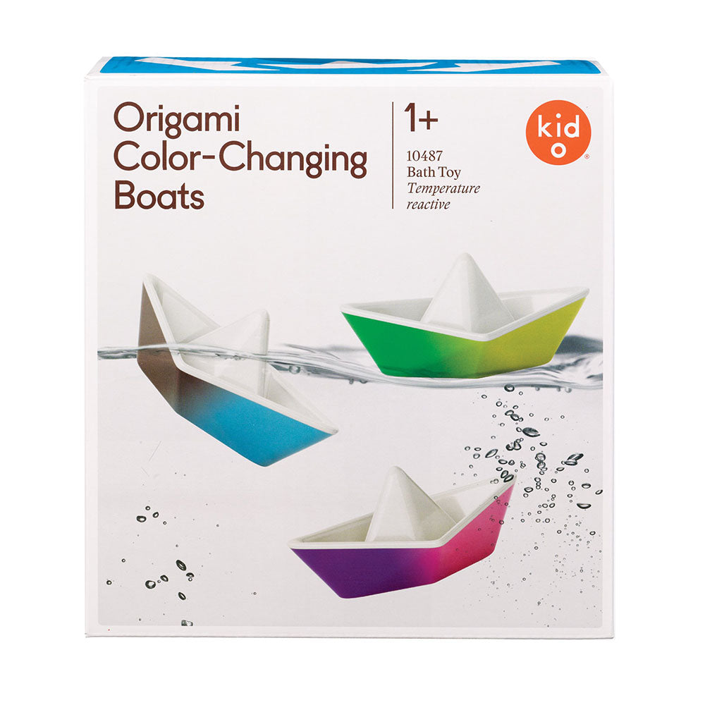 Box of Kid O&#39;s &#39;Origami Color-Changing Boats&#39; with a picture of the three included boats floating in water.