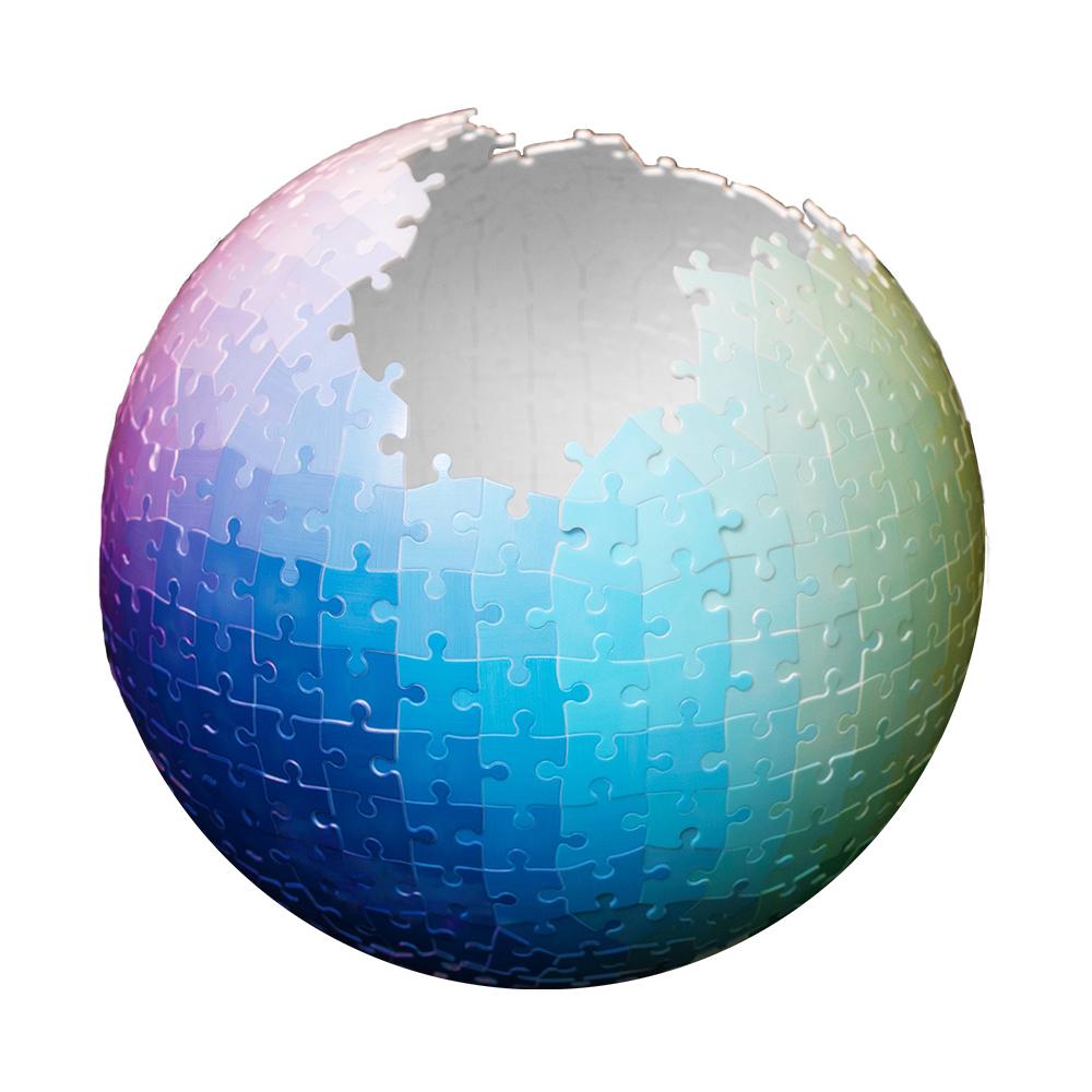 Partially assembled 540 Colors Sphere 3-D Jigsaw Puzzle showing its hollow insides.