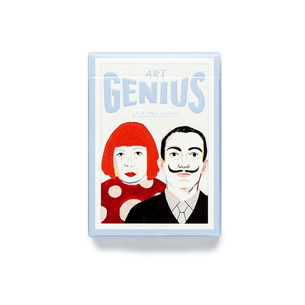 Box of 'Art Genius Playing Cards' with illustrations of Yayoi Kusama and Salvador Dali.