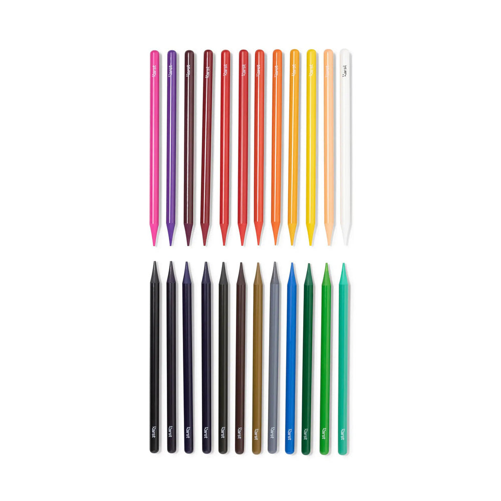 24 different color pencils laid flat.