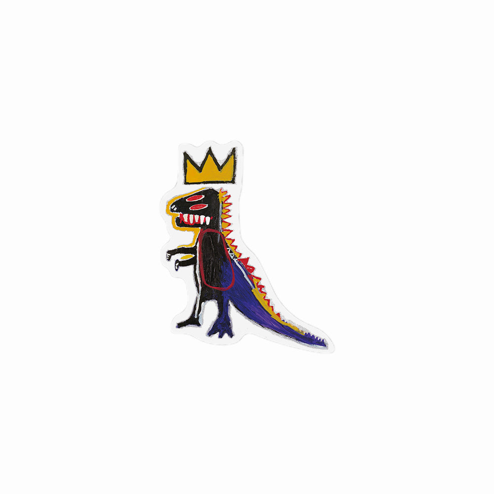 Basquiat Dino Pez Dispenser Sticker by Apply Stickers. Black and blue dinosaur with red and yellow spine, gold Basquiat crown floating above head.