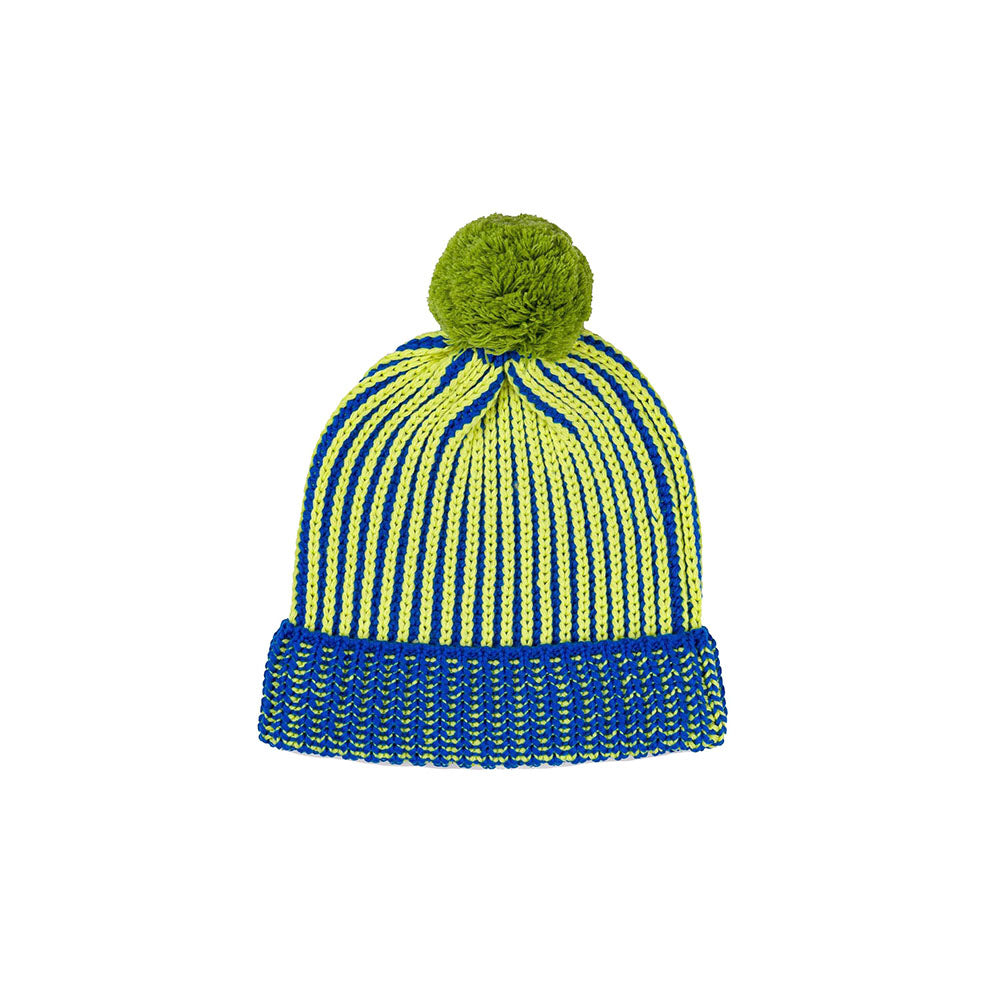 Kids Chunky Rib Pom Beanie in Lime/Cobalt  colorway, photographed on white background.