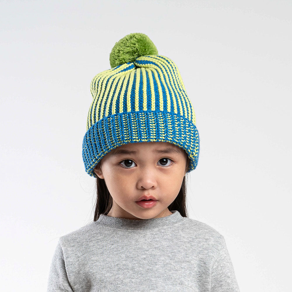 Kids Chunky Rib Pom Beanie in Lime/Cobalt  colorway, photographed on white background.
