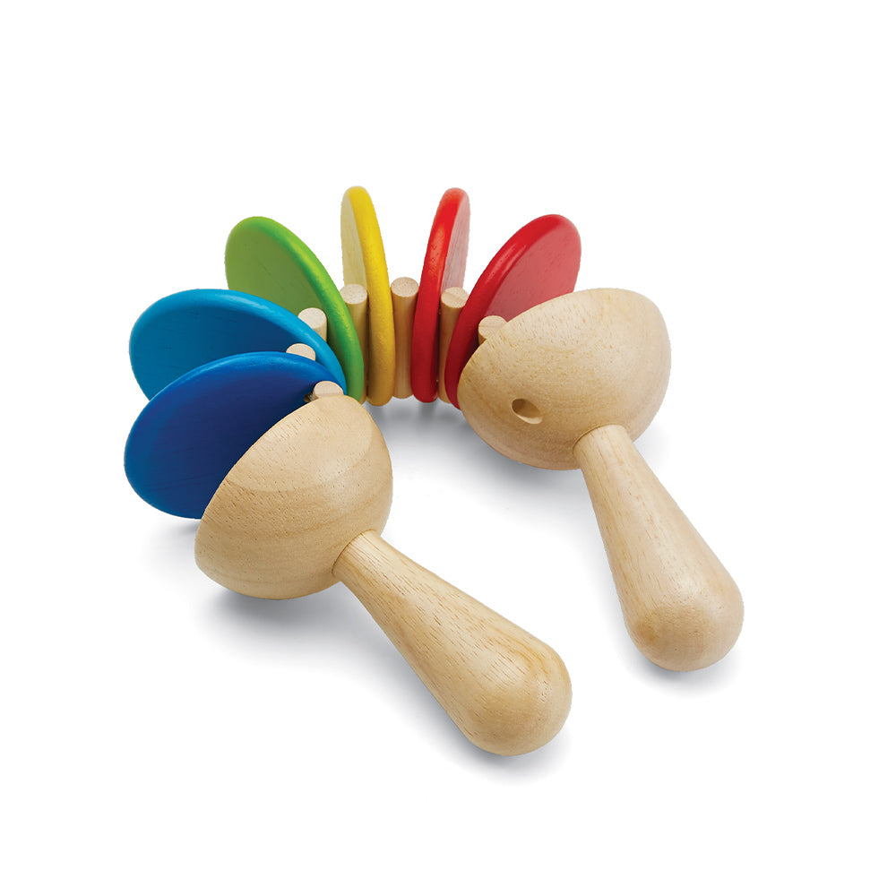 Clatter Wood Rainbow Toy&#39;s three-quarter top view.