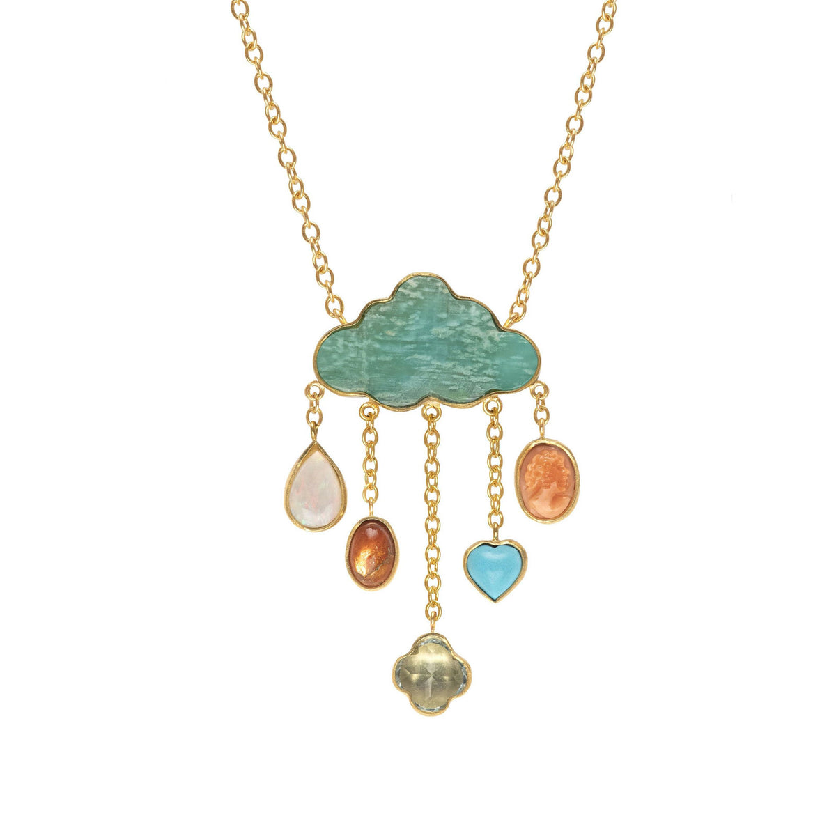 Close-up of cloud pendant with stones.