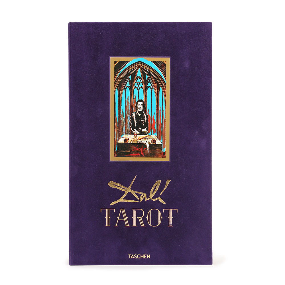 Cover of 'Dali Tarot.' Purple cover with gold text, featuring full color surrealist illustration of Dali in a burning chapel.