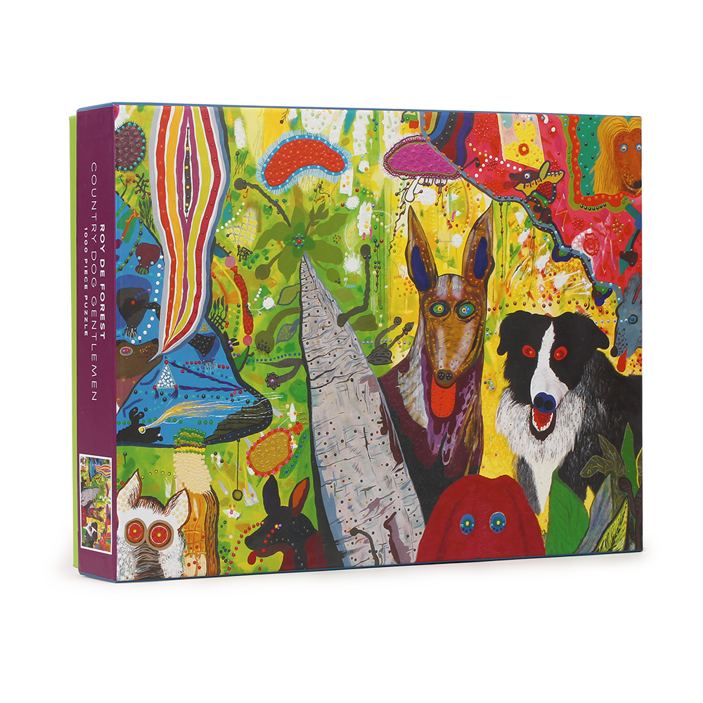 Box with an image of Roy De Forest's painting 'Country Dog Gentleman'; Contains puzzle of same image.
