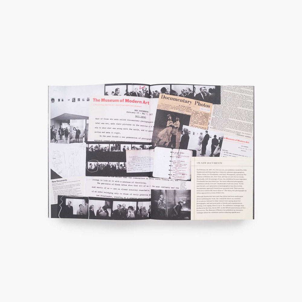 Interior spread from Diane Arbus: Documents; graphic collage of news clippings and Arbus&#39; photographs.