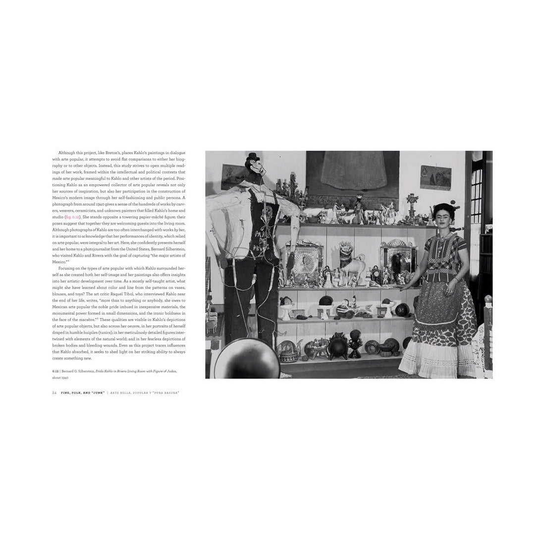 Interior spread of Frida Kahlo and Arte Popular by Layla Bermeo, text and black and white photograph.