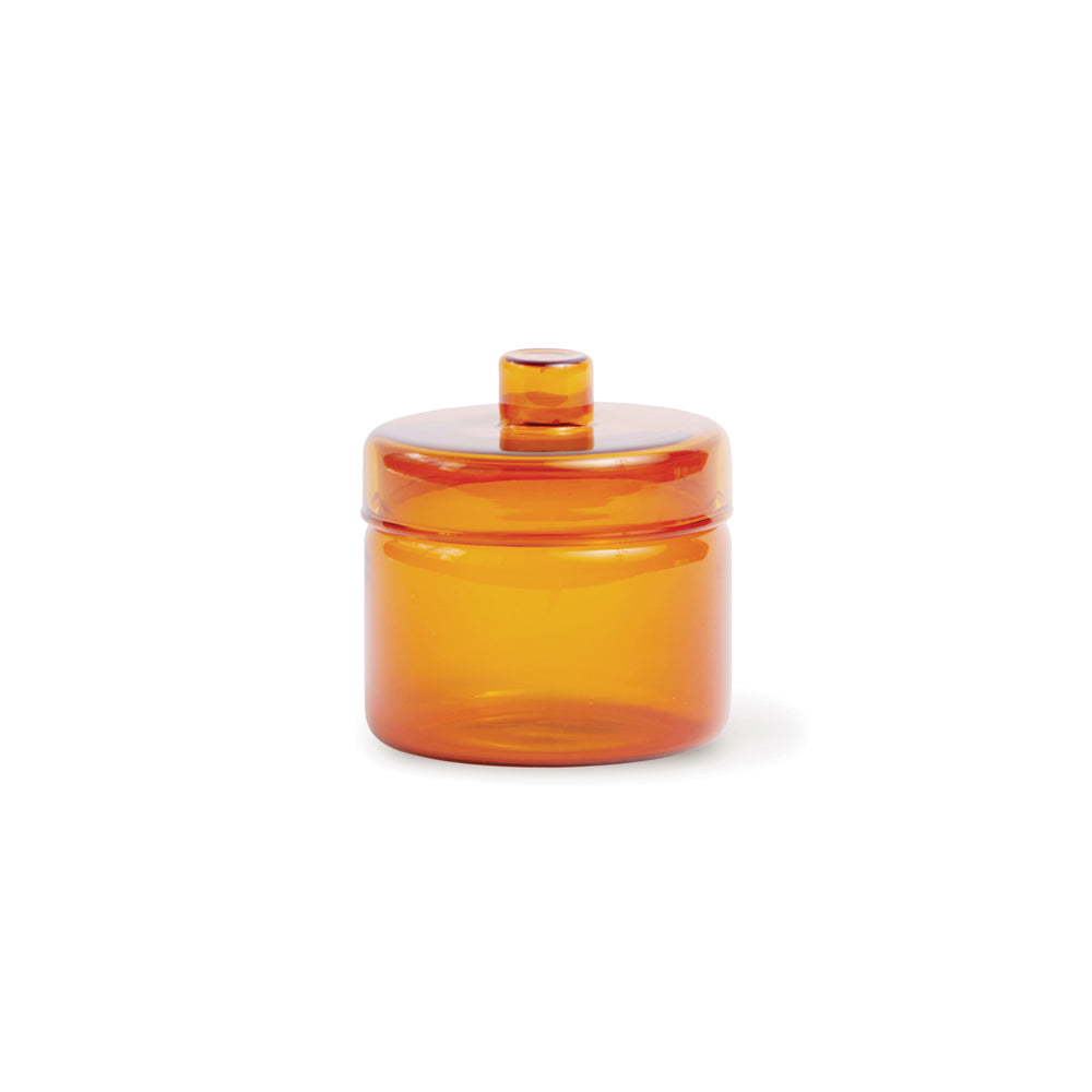 Amber Glass sugar jar, empty with lid on.