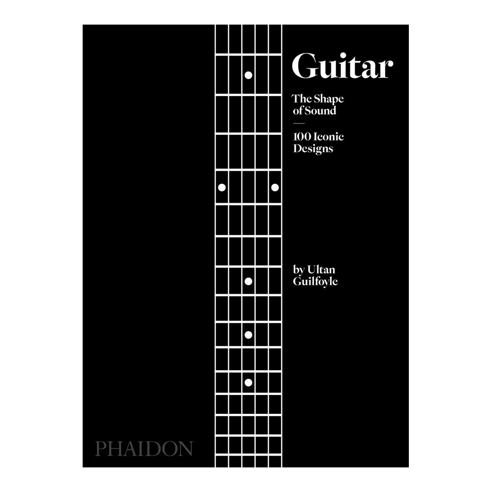 Cover of Ultan Guilfoyle&#39;s &#39;Guitar: The Shape of Sound.&#39; Text on black and white illustration.