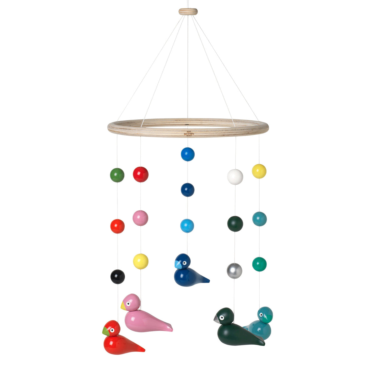 The Kay Bojesen Songbirds Mobile: Multi-color assembled and hanging.