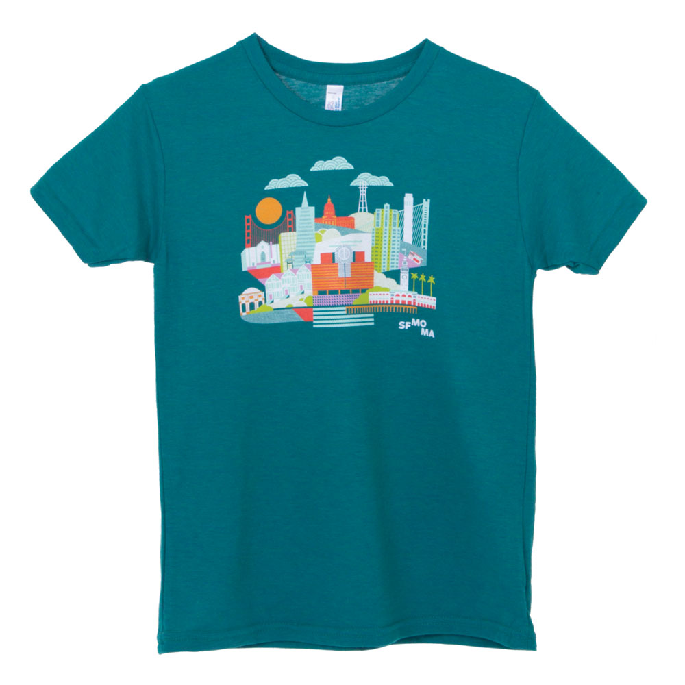 SFMOMA x Andrew Holder Kids Cityscape T-Shirt on display.