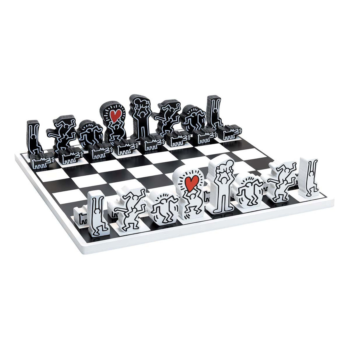 The Keith Haring Chess Set set up with its pieces.