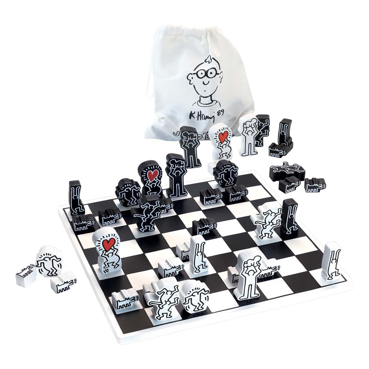 The Keith Haring Chess Set displayed with its pieces and white fabric bag.