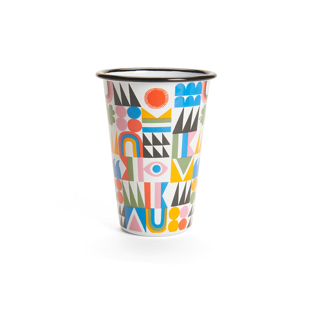 Bright Side tumbler by Lisa Congdon. Geometric designs in grid pattern around cup, with solid black rim.