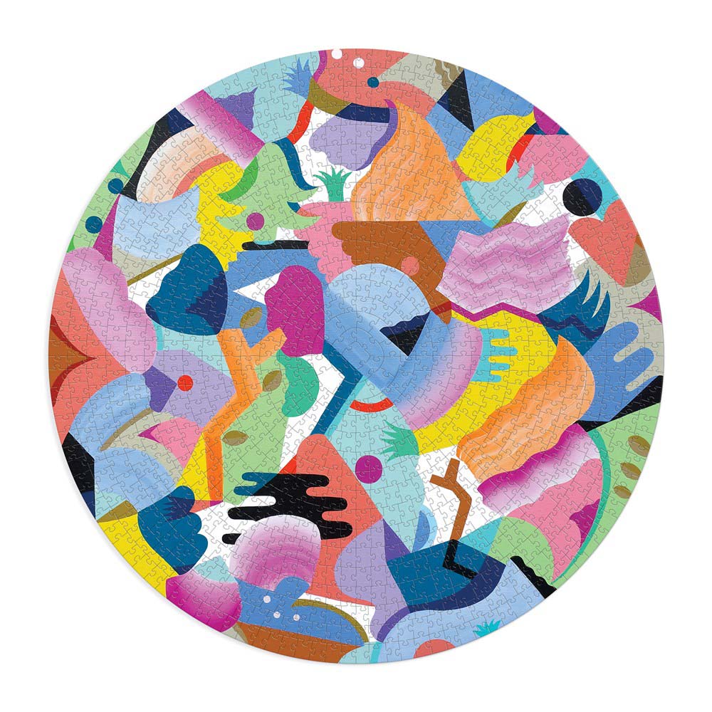 Mina Hamada&#39;s &#39;Luna De Flor&#39; puzzle assembled, a 1000-piece round puzzle of eccentric shapes and colors.