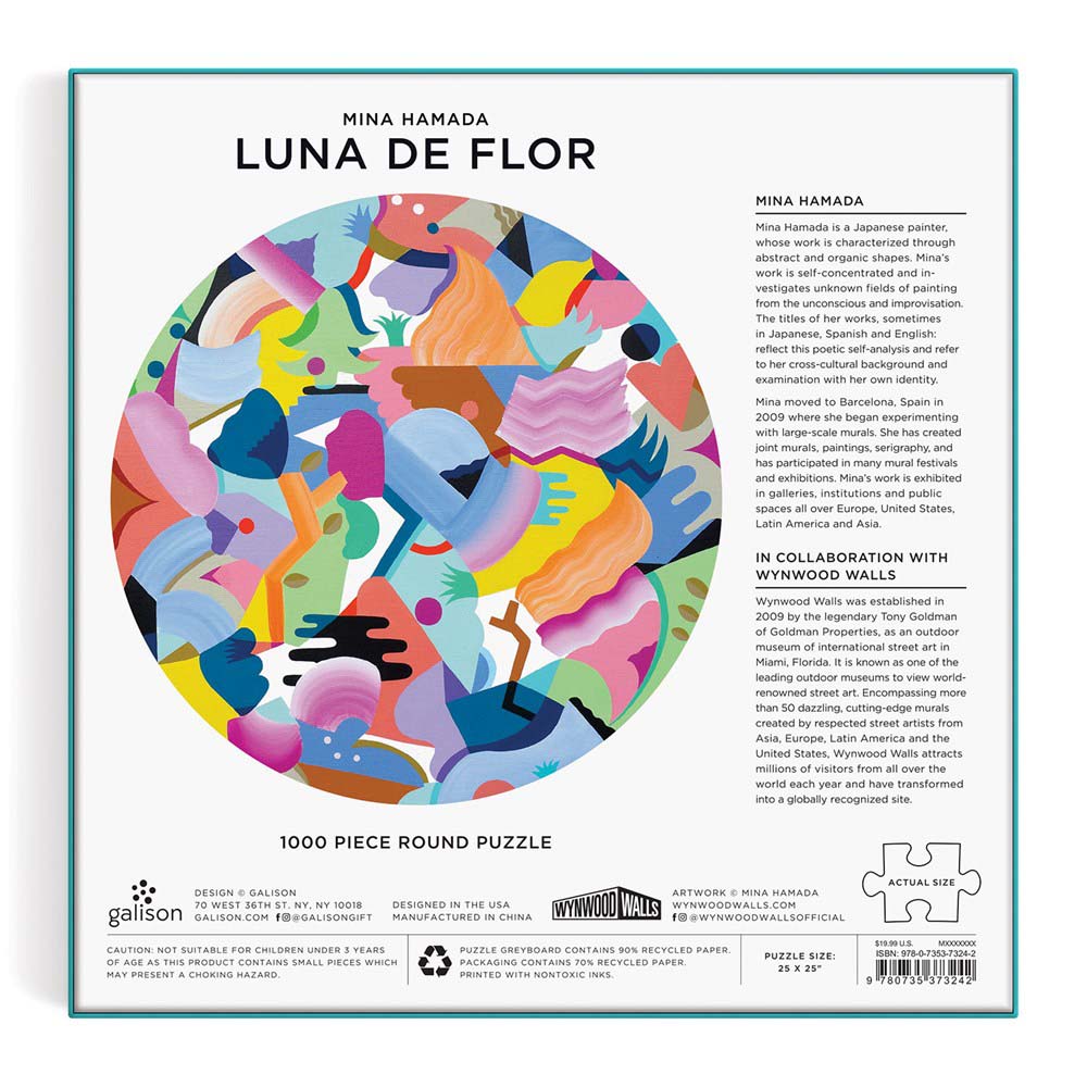 Puzzle box of Mina Hamada&#39;s &#39;Luna De Flor,&#39; a 1000-piece round puzzle of eccentric shapes and colors.