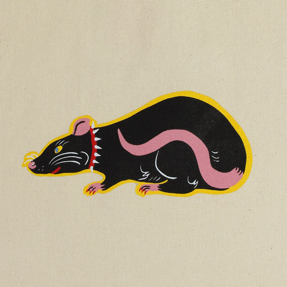 Closeup view of rat graphic on tote.