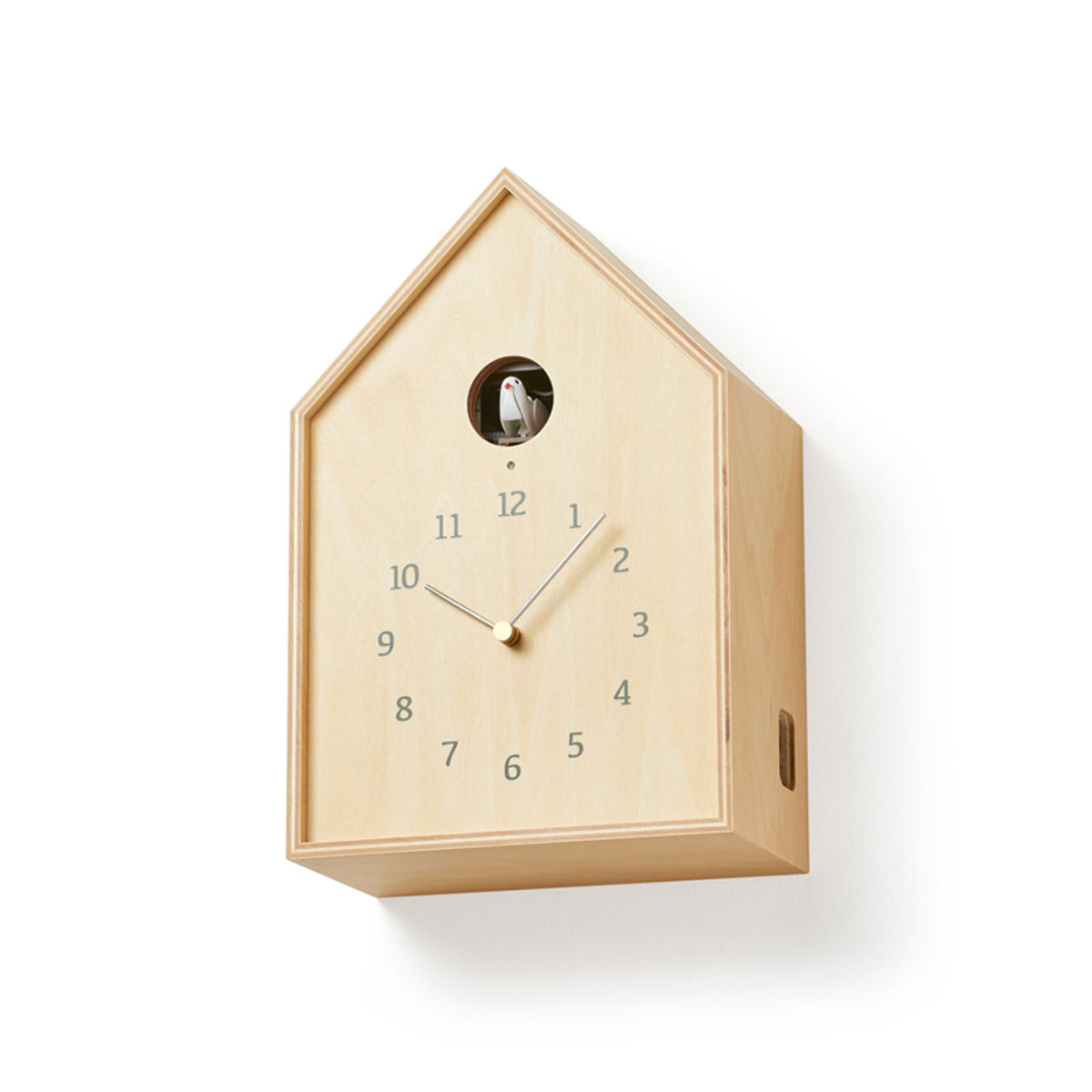 Plywood Birdhouse Cuckoo Clock displayed on a wall.