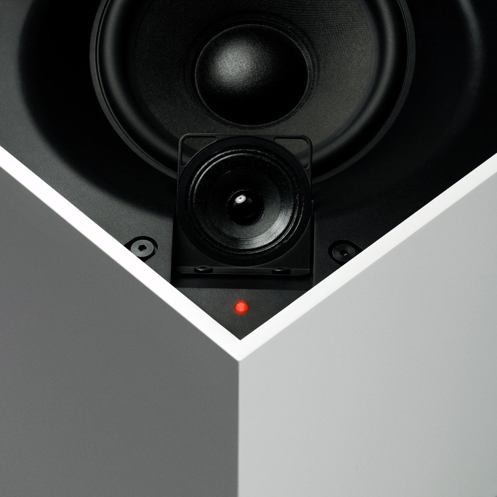 Close-up of woofer and tweeter on speaker.