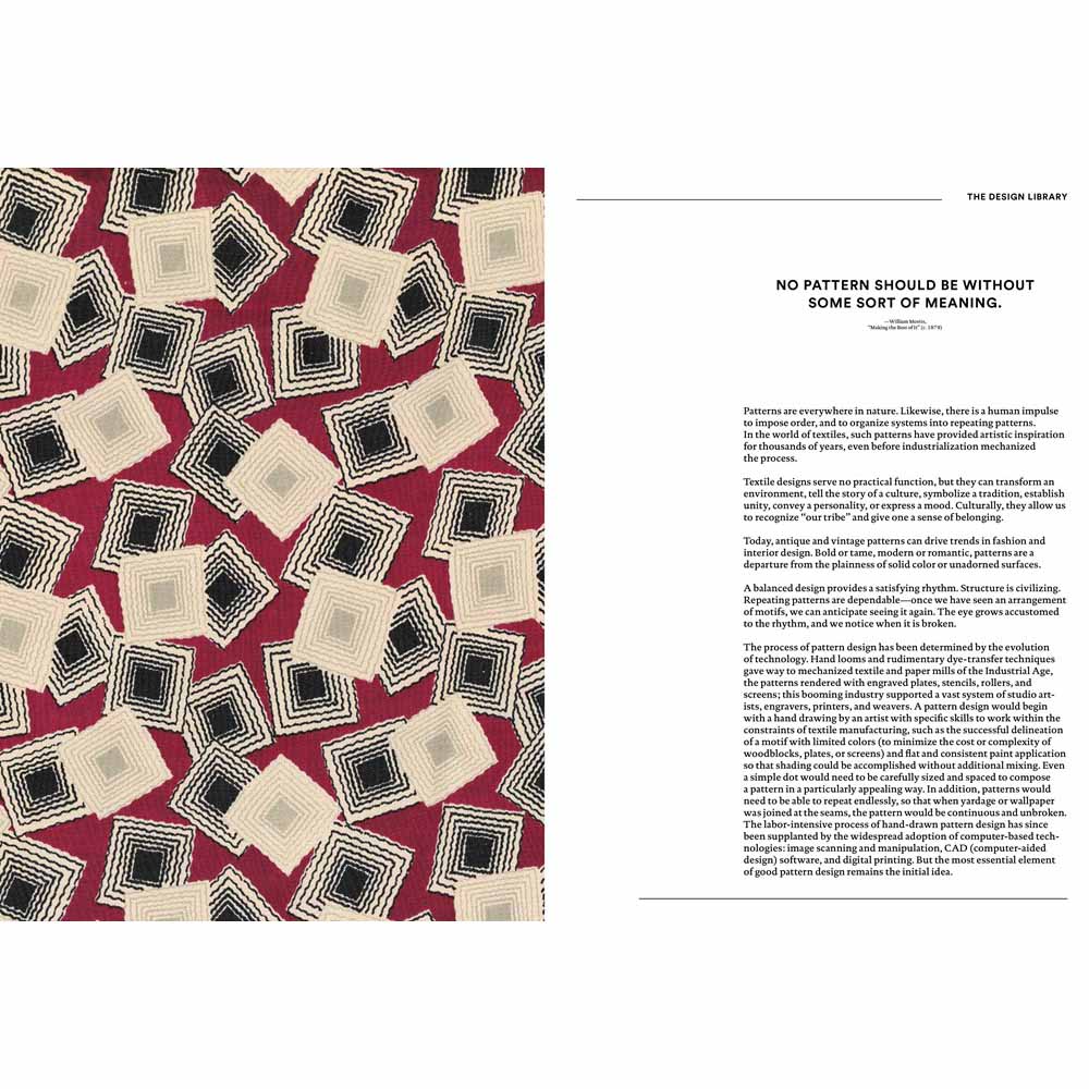 Interior spread from &#39;Patterns: Inside the Design Library&#39; by Peter Koepke. Text and full color pattern.