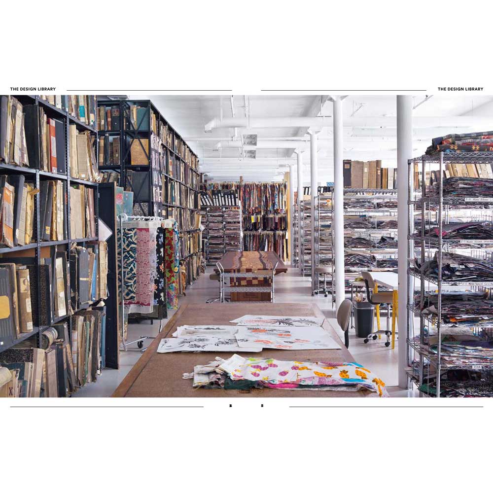 Interior spread from &#39;Patterns: Inside the Design Library&#39; by Peter Koepke. Text and full color photograph of the Design Library stacks.