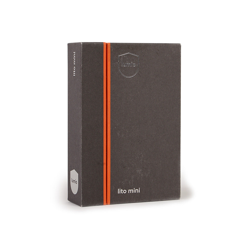 Boxed Paulina Sevilla Lito Mini; charcoal and orange packaging, with white text and lumio logo.