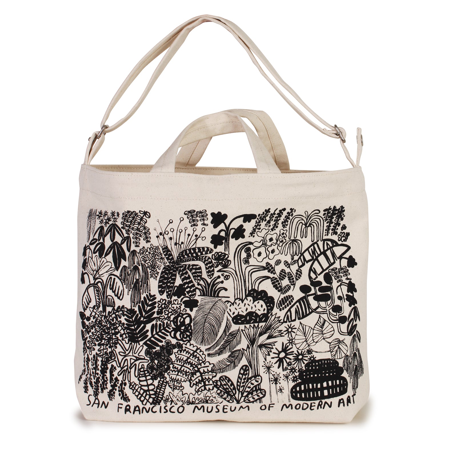 The SFMOMA x Carissa Potter Tote displayed with its with strap and handles up.