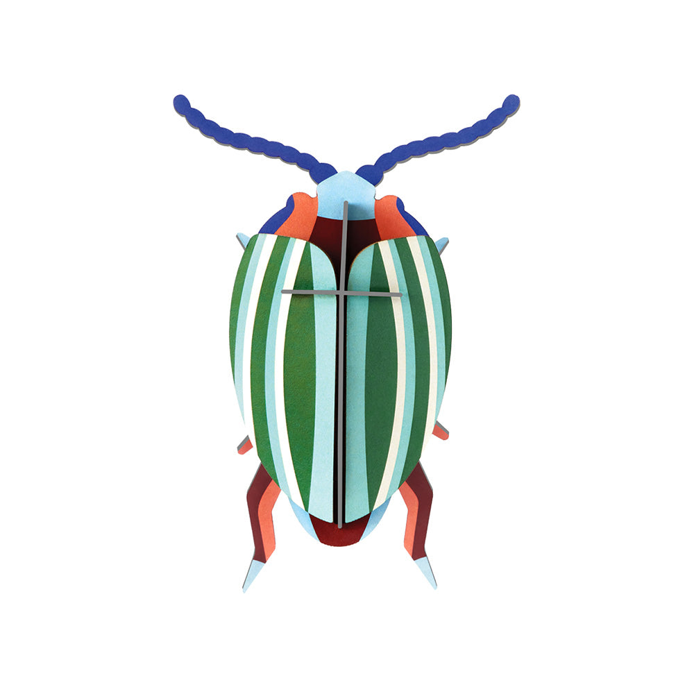 Product photo of assembled Rainbow Leaf Beetle by Studio ROOF, on white background.