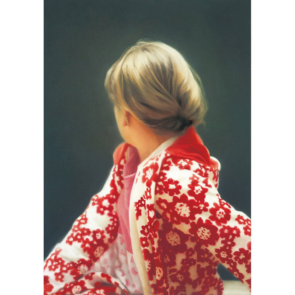 Painting from Gerhard Richter: Panorama, featuring the back of a woman&#39;s head, with red and white floral coat.