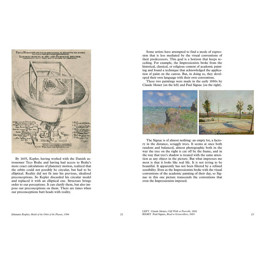 Interior spread from Stephen Shore&#39;s &#39;Modern Instances: The Craft of Photography. A Memoir.&#39; Full color reproductions of paintings by Monet and Signac, a graphite sketch, and text.
