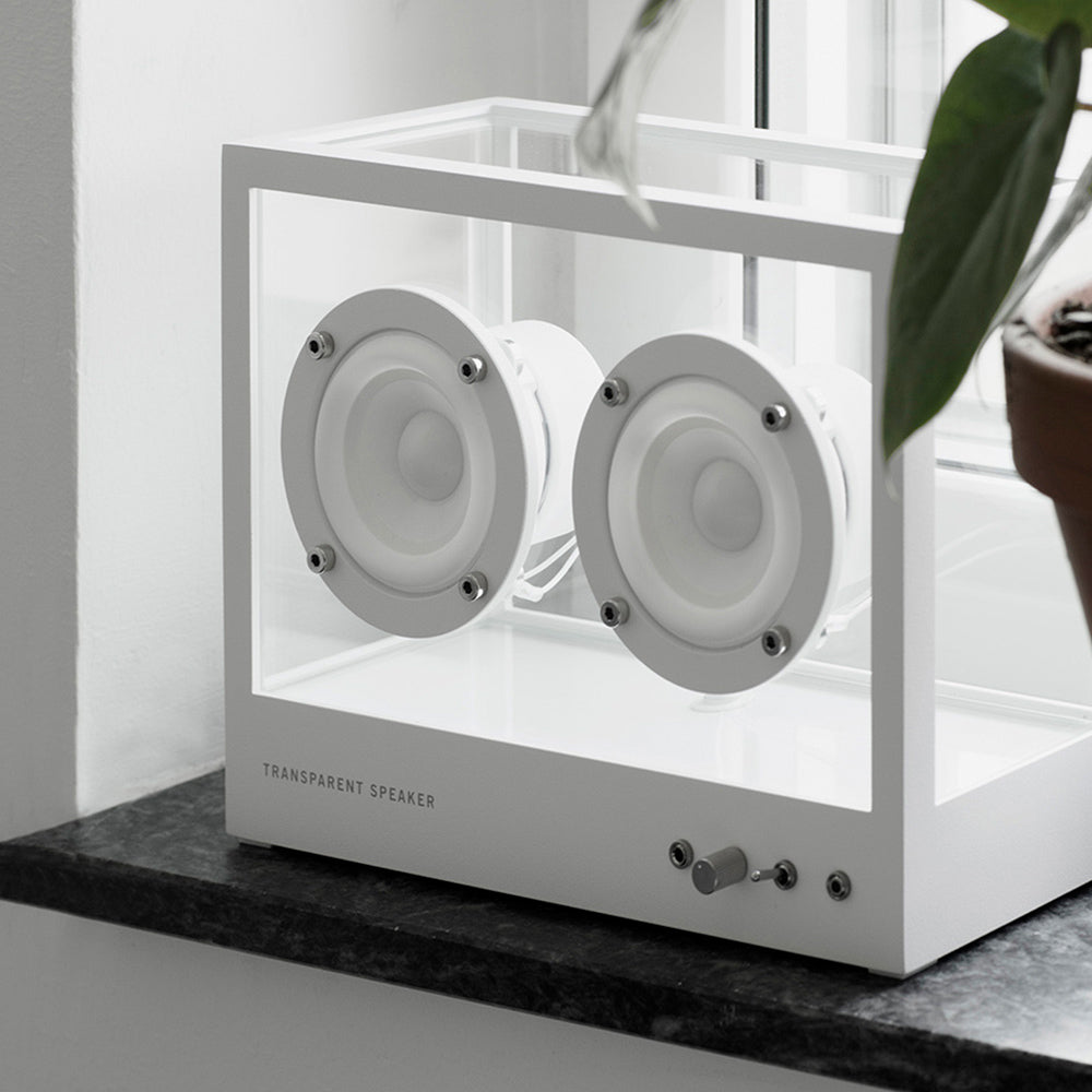 Small Transparent Speaker: White displayed on a window sill.