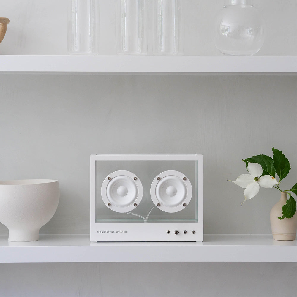 Small Transparent Speaker: White displayed on a white shelf with flowers.