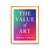 Cover of 'Value of Art', with gradient from red to purple to green, in gold frame.