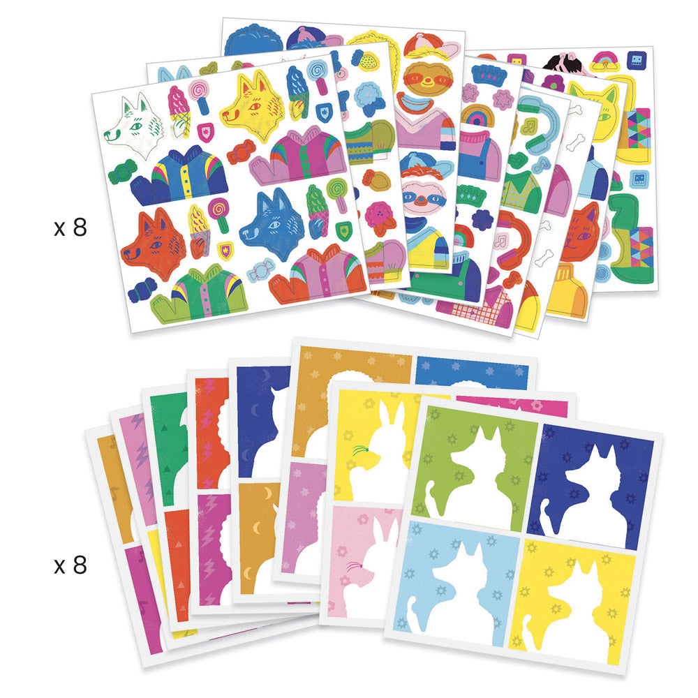 Eight sheets of stickers and eight sheets of printed backgrounds.