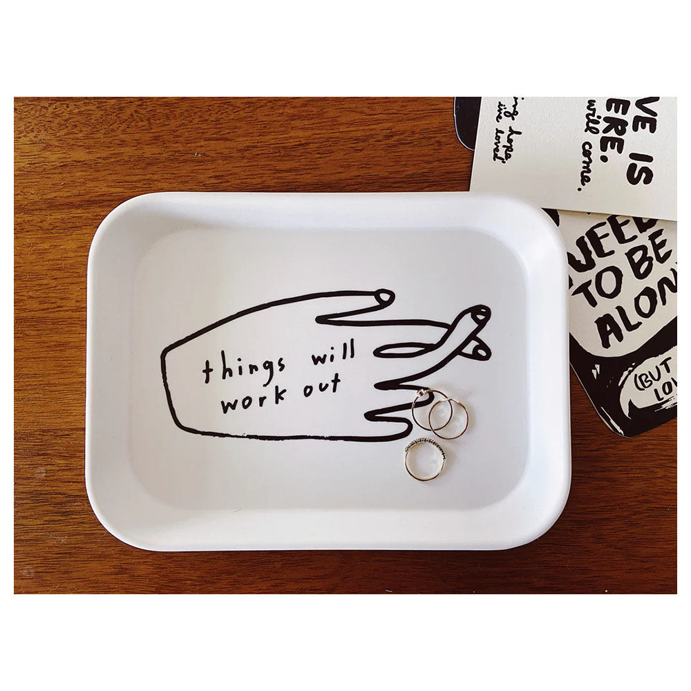 Things Will Work Out tray with graphic of hand crossing fingers hopefully.