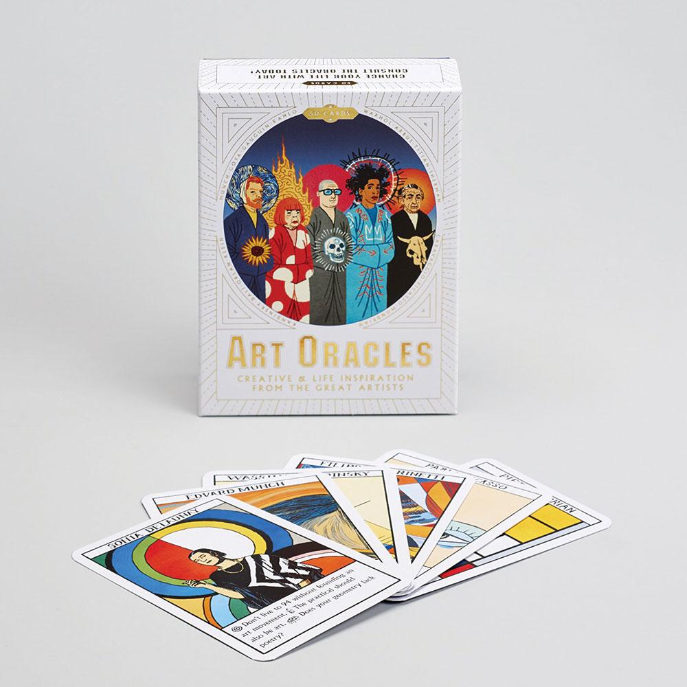 The Art Oracles&#39; box with its cards displayed in front.
