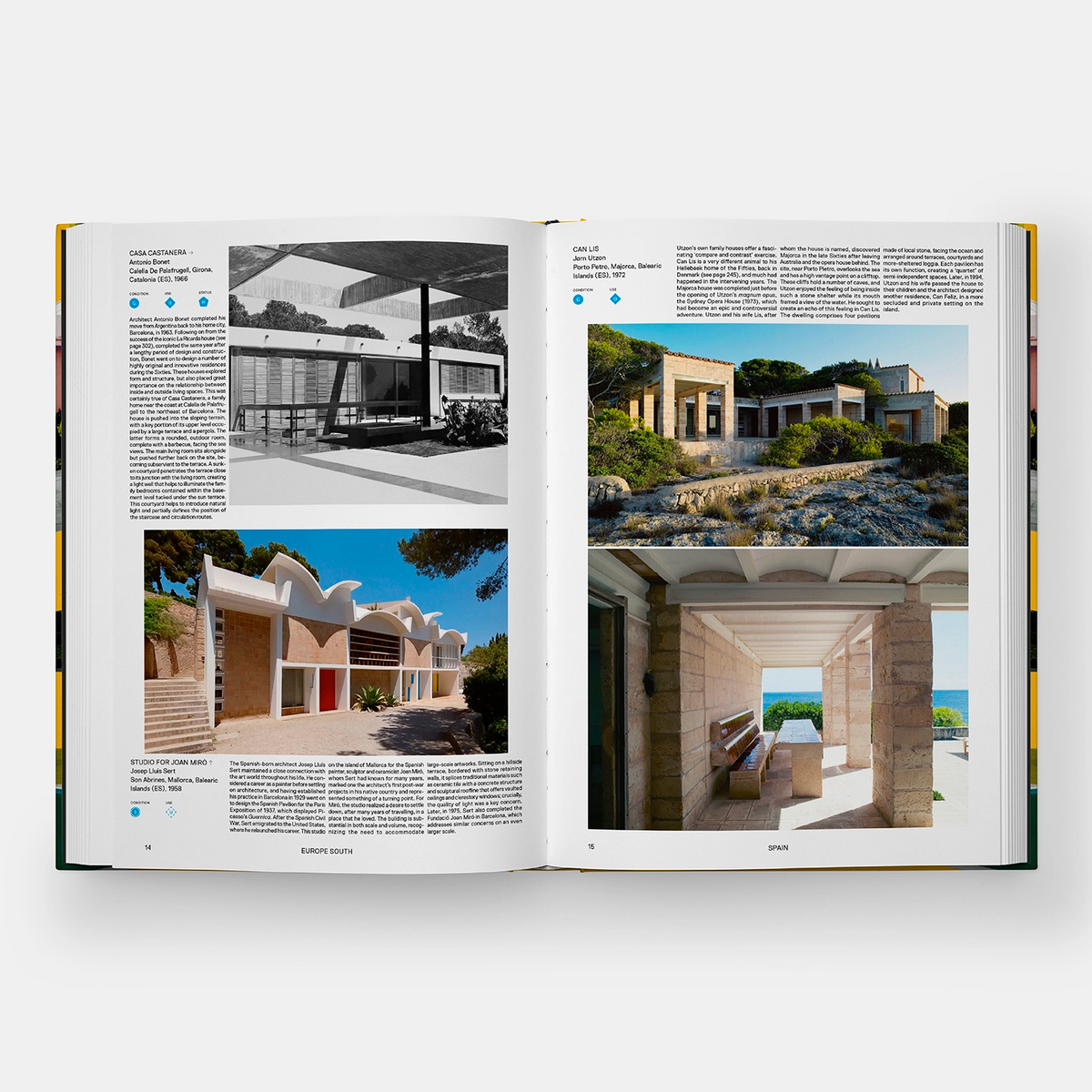 Multiple photos of outdoor patios with stone columns in Atlas of Mid-Century Modern Houses.